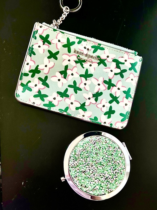 kate spade Accessories - kate spade Floral Card Holder Keychain and Mirror NWOT Green White Glitter